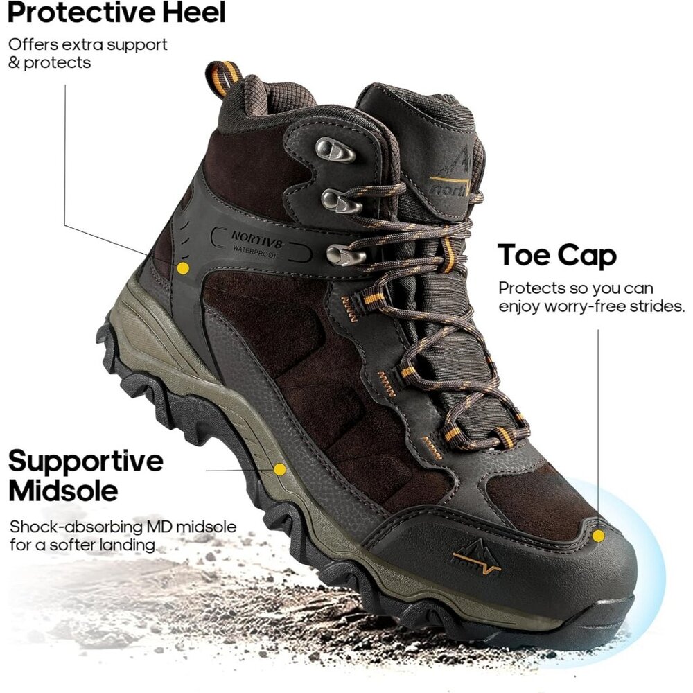 NORTIV 8 Men's Waterproof Hiking Boots Mid Trekking Mountaineering Shoes Brown - Picture 6 of 6